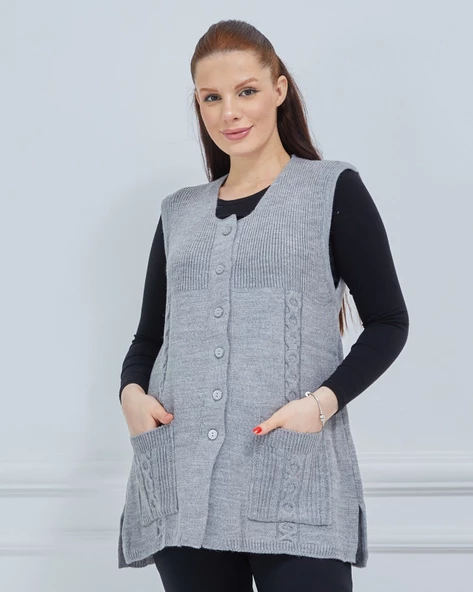 Kadın Yuvarlak Yaka Triko Cepli Düğmeli Kışlık Yün Yelek - 9