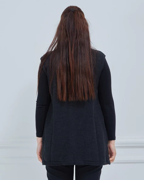 Kadın Yuvarlak Yaka Triko Cepli Düğmeli Kışlık Yün Yelek - 6