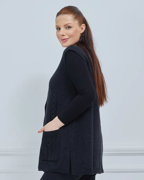 Kadın Yuvarlak Yaka Triko Cepli Düğmeli Kışlık Yün Yelek - 3