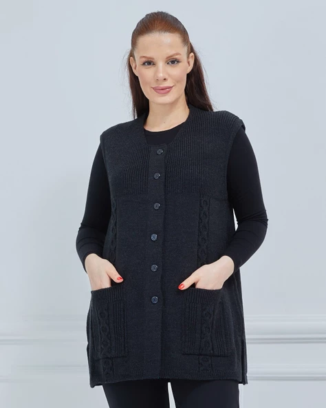 Kadın Yuvarlak Yaka Triko Cepli Düğmeli Kışlık Yün Yelek - 2