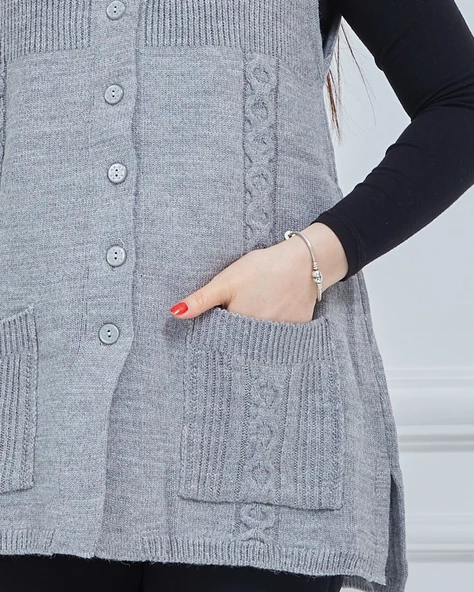 Kadın Yuvarlak Yaka Triko Cepli Düğmeli Kışlık Yün Yelek - 11