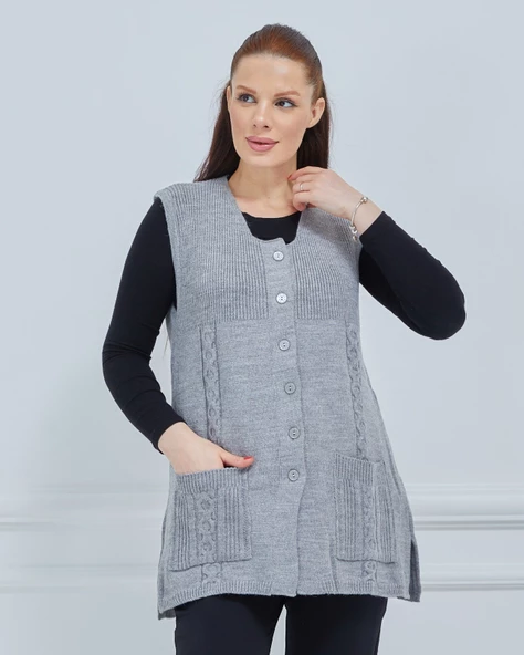 Kadın Yuvarlak Yaka Triko Cepli Düğmeli Kışlık Yün Yelek - 7