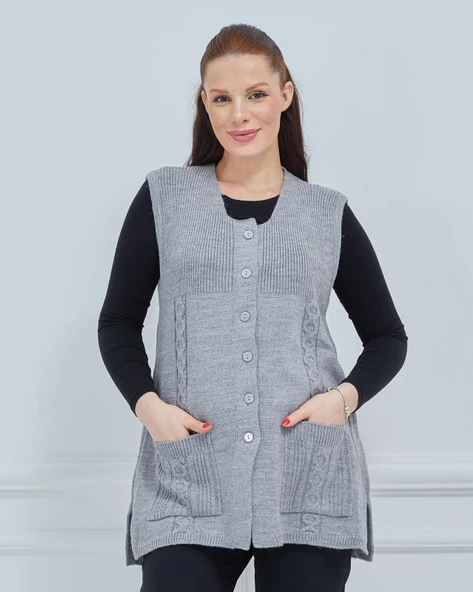 Kadın Yuvarlak Yaka Triko Cepli Düğmeli Kışlık Yün Yelek - 8