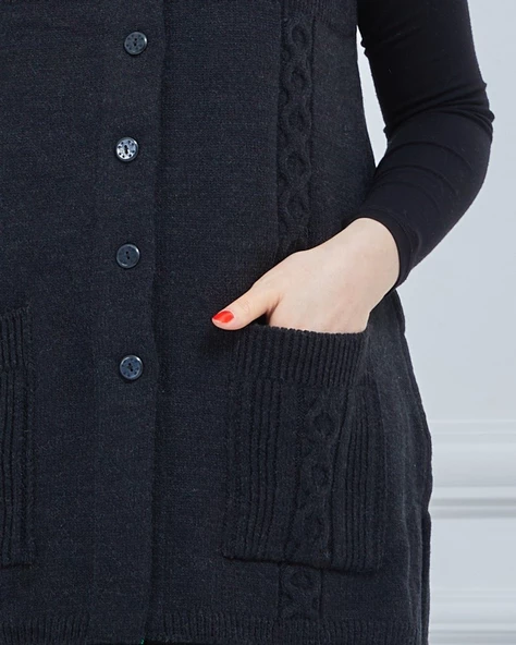 Kadın Yuvarlak Yaka Triko Cepli Düğmeli Kışlık Yün Yelek - 5