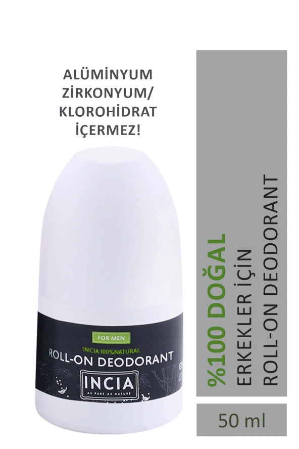 INCIA %100 Doğal Roll On Deodorant Erkeler İçin Ter Kokusu Önleyici Lekesiz 50 ml