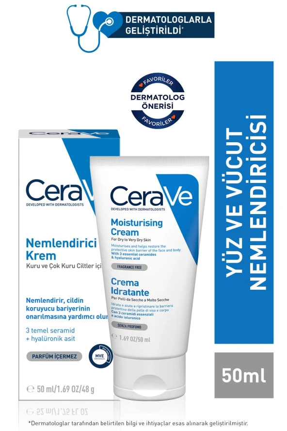 CERAVE Nemlendirici Krem Kuru Ciltler Seramid Ve Hyalüronik Asit Içerikli Yüz Vücut 50Ml