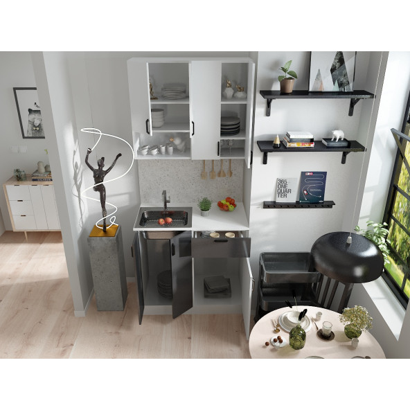 Beyaz Gövde -Antrasit Detaylı Mutfak Dolabı Alt -Üst Modül - 3