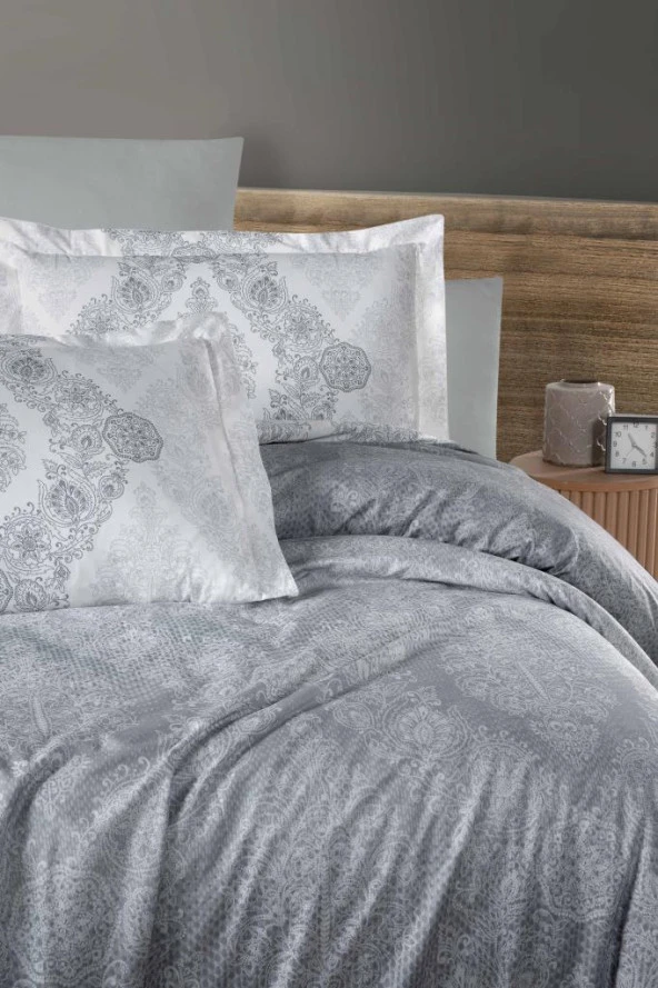 BASKILI SATEN ÇİFT KİŞİLİK NEVRESİM TAKIMI SILVER - Resim 2