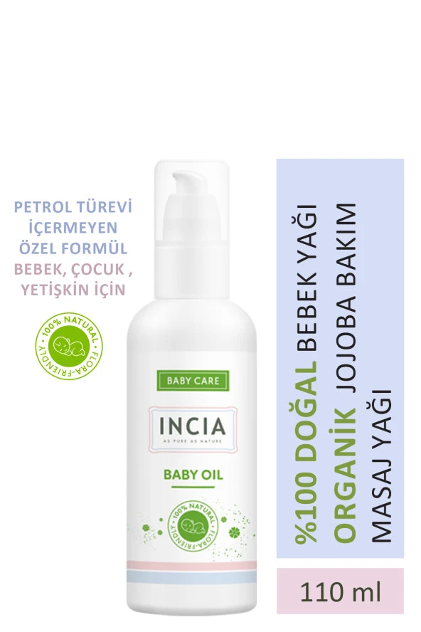 INCIA %100 Doğal Bebek Yağı Organik Jojoba Bakım Masaj Yağı Parafinsiz Bitkisel Vegan 110 ml