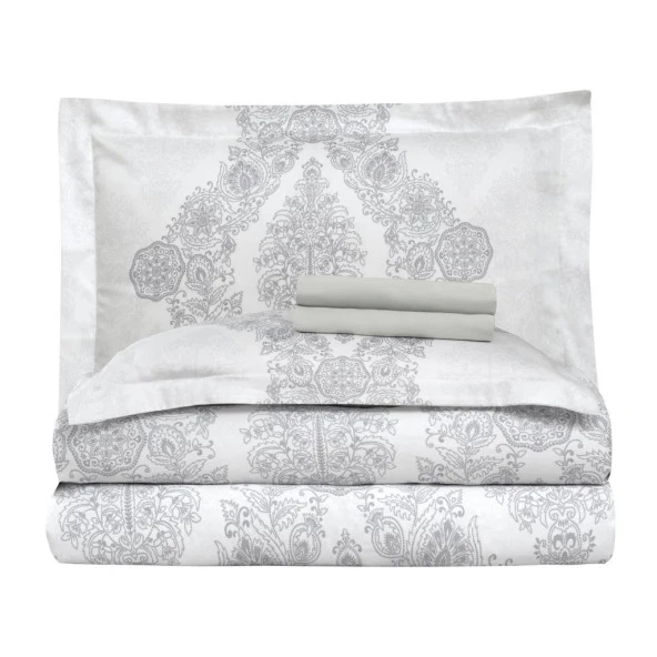 BASKILI SATEN ÇİFT KİŞİLİK NEVRESİM TAKIMI SILVER - Resim 5