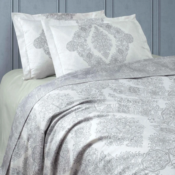 BASKILI SATEN ÇİFT KİŞİLİK NEVRESİM TAKIMI SILVER - Resim 6