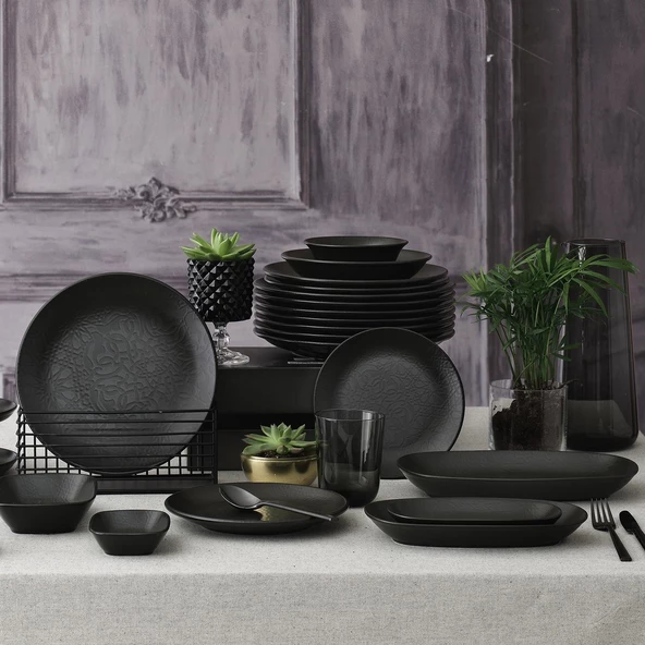 GÜRAL PORSELEN Ent Otel 27 Cm Bone Servis Tabağı Siyah Mat - Resim 2