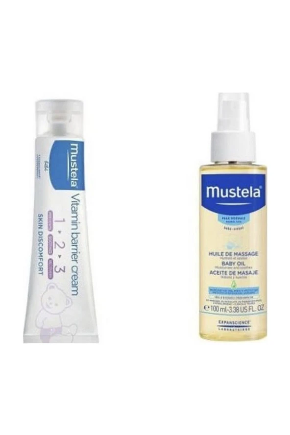 Mustela Baby Massage Oil 100 ml - Nemlendirici ve Rahatlatıcı Bebek Yağı + Mustela Vitamin Barrier 1.2.3 Pişik Kremi 100 ml