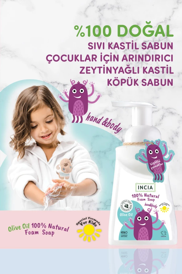INCIA %100 Doğal Köpük Kastil Sabunu Çocuklar İçin Zeytinyağlı 10 Bitkisel Değerli Yağ Vegan 200 ml - 6