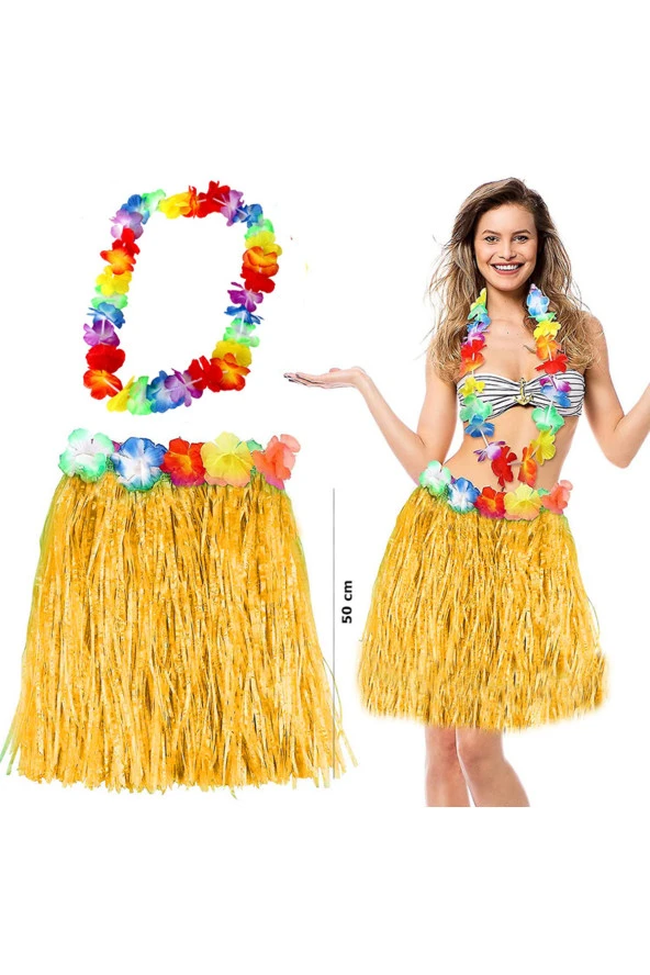 Hawaii Luau Aloha Sarı Püsküllü 50 cm Etek ve Hawaii Kolye Seti