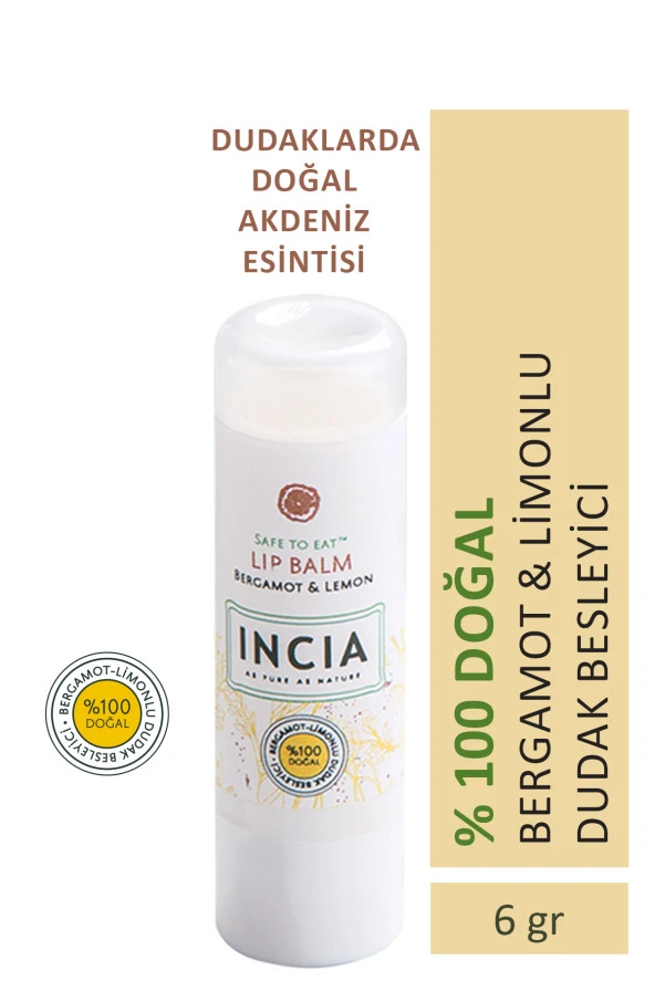 INCIA %100 Doğal Dudak Besleyici Bergamot & Limon Bitkisel Nemlendirici Dudak Bakım Kremi 6 G