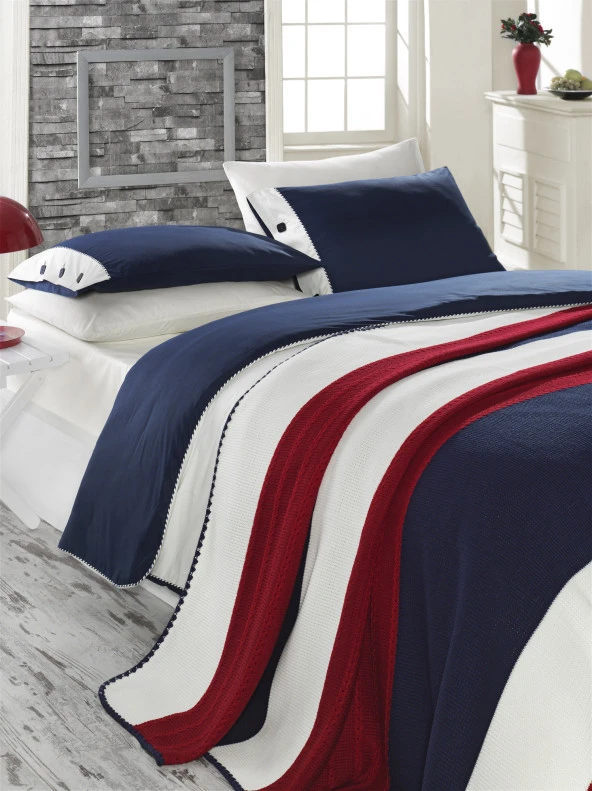 Akrilik Örgü Battaniye Seti Tek Kişilik Lacivert Krem