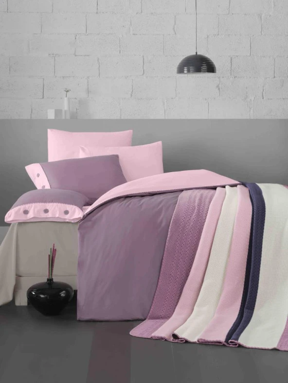 Akrilik Örgü Battaniye Seti Çift Kişilik A. Lila A. Pembe