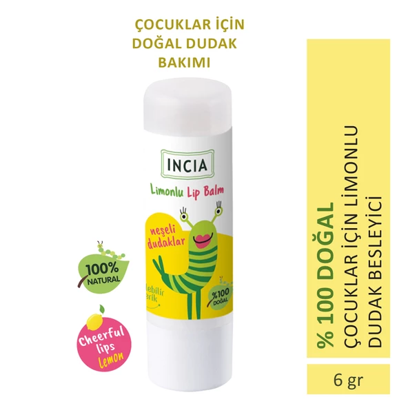 INCIA %100 Doğal Kids Dudak Besleyici Limonlu Bitkisel Nemlendirici Dudak Bakım Kremi 6 G