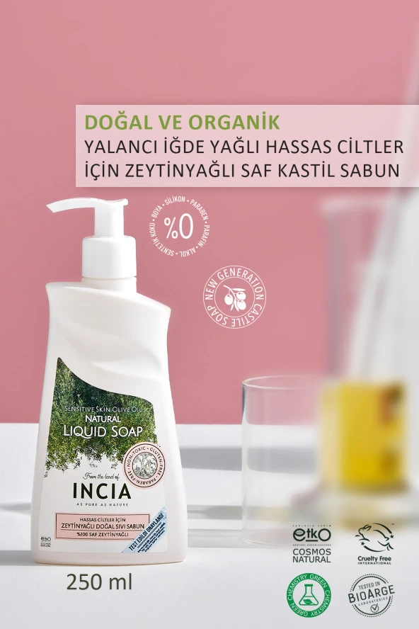 INCIA %100 Doğal Sıvı Kastil Sabunu Hassas Ciltler İçin Zeytinyağlı 10 Bitkisel Değerli Yağ Vegan 250 ml - 2