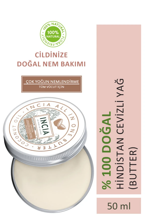 INCIA %100 Doğal Tüm Vücut İçin Butter Yoğun Nemlendirici Krem Hindistan Cevizli Organik Vegan 50 ml