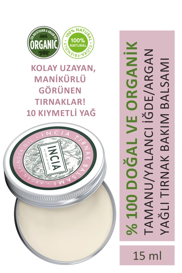 INCIA %100 Doğal Tırnak Bakım Balmı Yoğun Nemlendirici Kremi Argan Yağlı Organik Vegan 15 ml