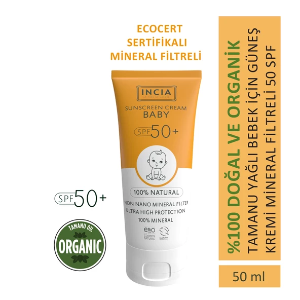 INCIA %100 Doğal Bebek Güneş Kremi Leke Karşıtı Mineral Filtreli Yüksek Koruma SPF50 UVA UVB 50 ml