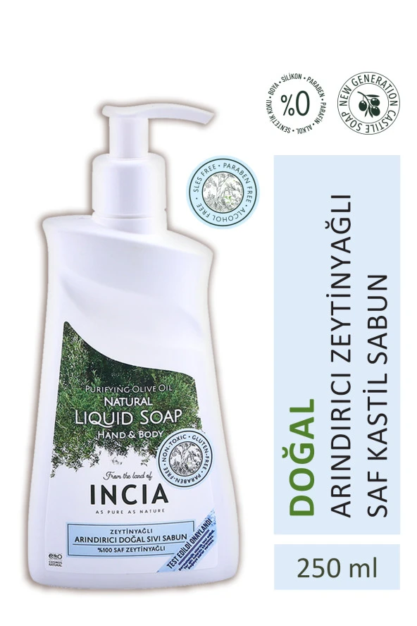 INCIA %100 Doğal Sıvı Kastil Sabunu Arındırıcı Zeytinyağlı 10 Bitkisel Değerli Yağ Vegan 250 ml