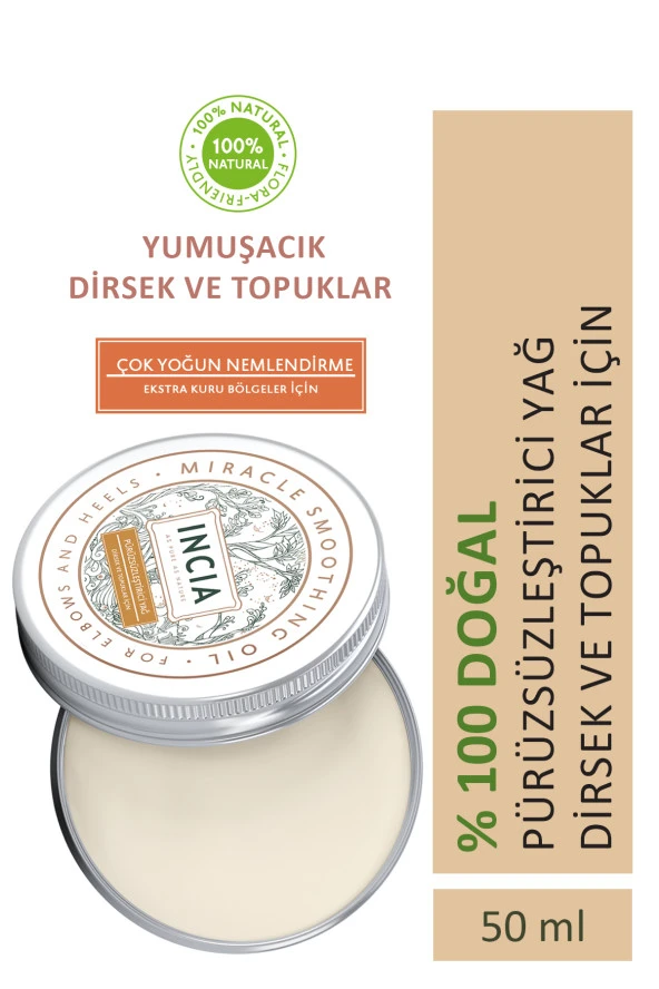 INCIA %100 Doğal Pürüzsüzleştirici Yağ Yoğun Nemlendirici Kremi Organik Dirsek Topuk Vegan 50 ml