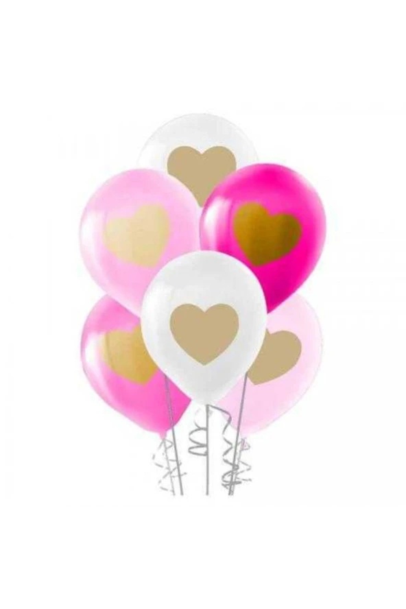 Altın Kalp Baskılı Karışık Renk Balon - 10 Adet