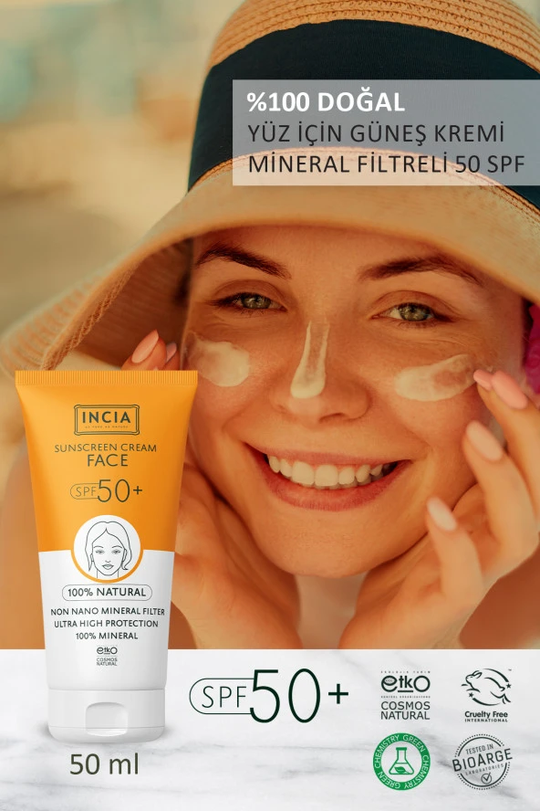 INCIA %100 Doğal Yüz Güneş Kremi Leke Karşıtı Mineral Filtreli Yüksek Koruma SPF50 UVA UVB 50 ml - 2