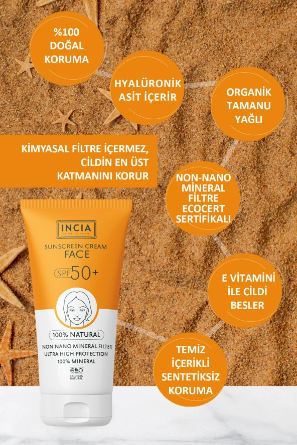 INCIA %100 Doğal Yüz Güneş Kremi Leke Karşıtı Mineral Filtreli Yüksek Koruma SPF50 UVA UVB 50 ml - 5