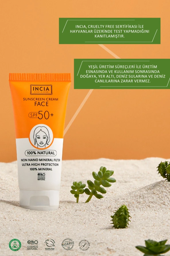 INCIA %100 Doğal Yüz Güneş Kremi Leke Karşıtı Mineral Filtreli Yüksek Koruma SPF50 UVA UVB 50 ml - 7