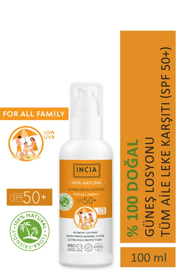 INCIA %100 Doğal Tüm Aile İçin Güneş Losyonu 50 SPF 100 ml