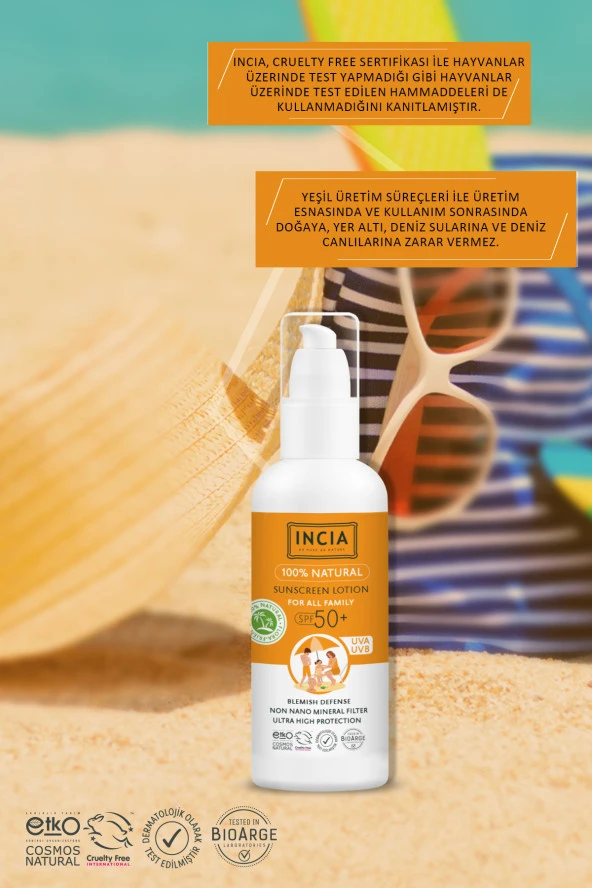INCIA %100 Doğal Tüm Aile İçin Güneş Losyonu 50 SPF 100 ml - 7