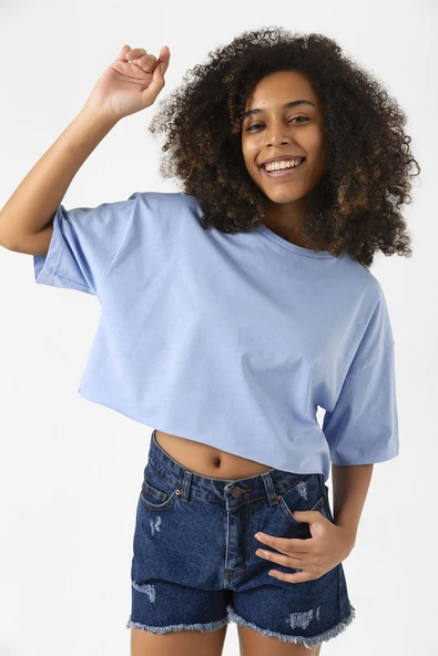 Basic Açık Mavi Oversize Crop Tshirt - Resim 7