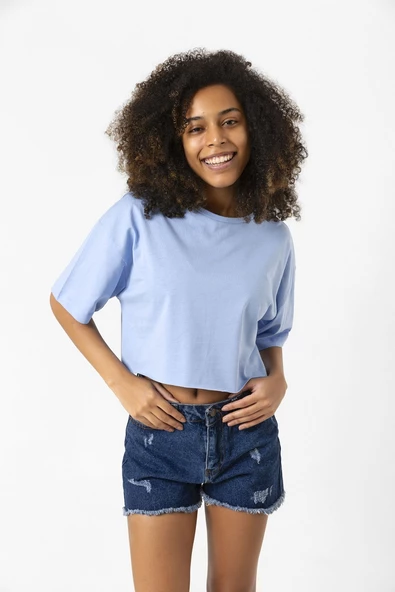 Basic Açık Mavi Oversize Crop Tshirt - Resim 6