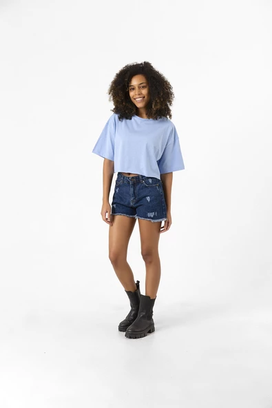 Basic Açık Mavi Oversize Crop Tshirt - Resim 3