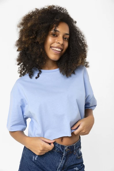 Basic Açık Mavi Oversize Crop Tshirt ürün görseli 1