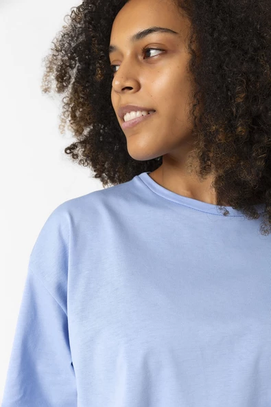 Basic Açık Mavi Oversize Crop Tshirt - Resim 8