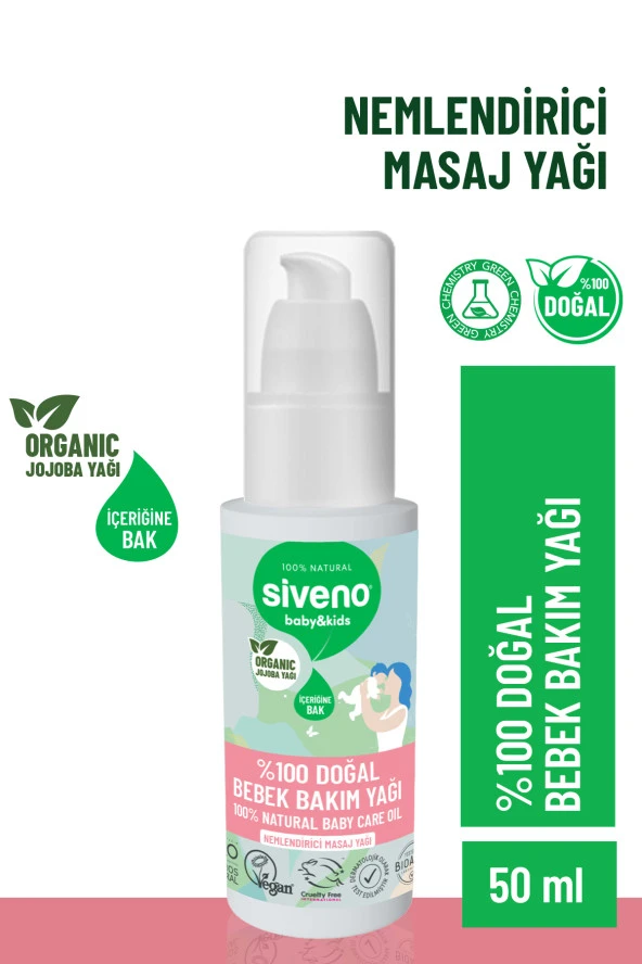 Siveno 100 Doğal Bebek Yağı Organik Jojoba Bakım Masaj Yağı Parafinsiz Bitkisel Vegan 50 ml