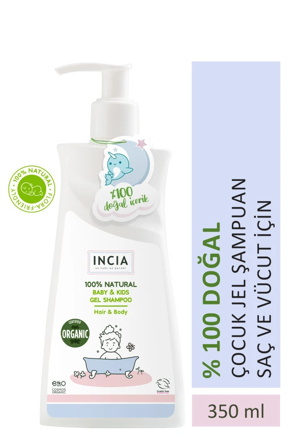 INCIA %100 Doğal Organik Sertifikalı Bebek Ve Çocuk Jel Şampuanı Saç Vücut Lavanta Konak Önleyici 350 ml