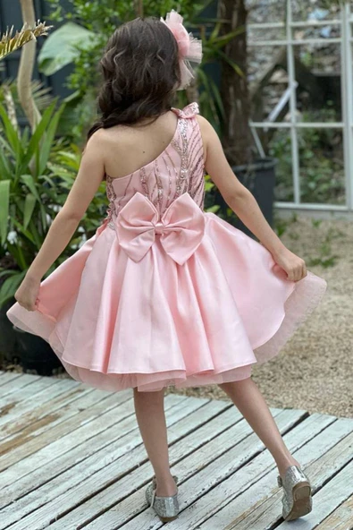 Kız Çocuk Tek Omuz Taş Detaylı Eteği Kabarık Pudra Abiye - Resim 6