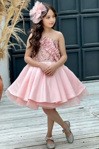 Kız Çocuk Tek Omuz Taş Detaylı Eteği Kabarık Pudra Abiye - Resim 5