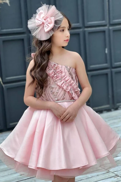 Kız Çocuk Tek Omuz Taş Detaylı Eteği Kabarık Pudra Abiye - Resim 7