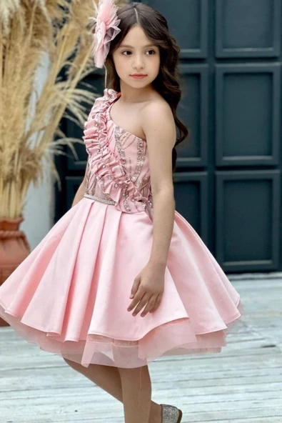 Kız Çocuk Tek Omuz Taş Detaylı Eteği Kabarık Pudra Abiye - Resim 8