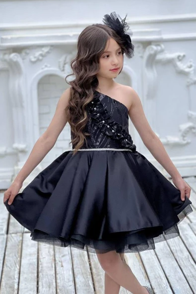 Kız Çocuk Tek Omuz Taş Detaylı Eteği Kabarık Siyah Abiye - Resim 4