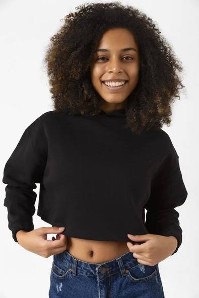 Basic Siyah Kapüşonlu Crop Sweatshirt - Resim 5