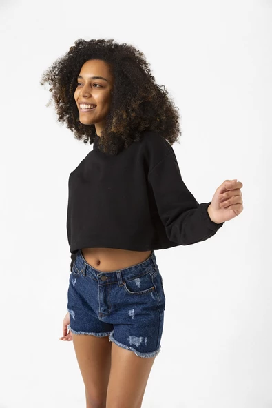 Basic Siyah Kapüşonlu Crop Sweatshirt - Resim 6