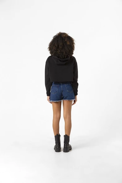 Basic Siyah Kapüşonlu Crop Sweatshirt - Resim 9